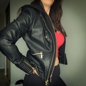 Guess Women's Faux Leather Hooded Moto Jacket